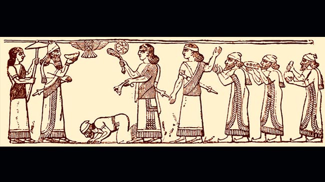 شاه یهودیه اسرائیل در حال خاک‌بوسی در پیش شلمانصر سوم آشور.